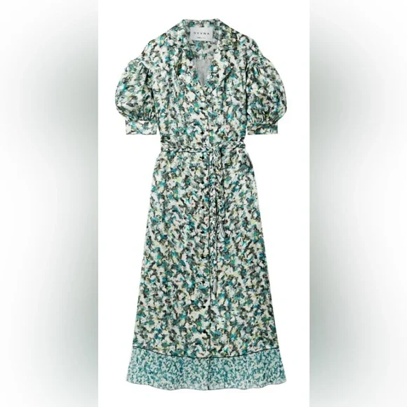 NWT DYVNA belted printed chiffon trimmed hammered silk satin midi length dress